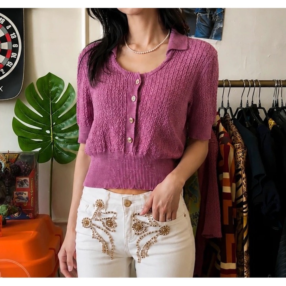 Chanel Magenta Pink Knit Short Sleeve Polo Top CC Logo Buttons P70417 Size 40
